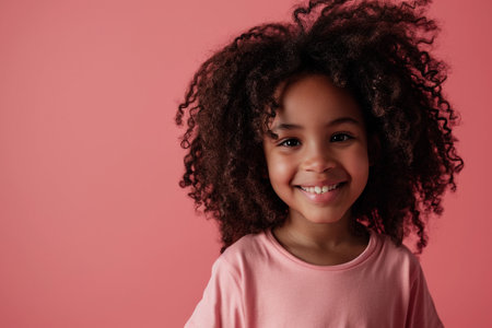 A little African American girl smiling. Child with natural hair on blush pink background with copyspace. Generative AI.の素材