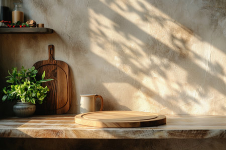 Kitchen table podium on blurred background. Wooden round desk in the farmhouse kitchen interior. Empty product display. Generative AI.の素材