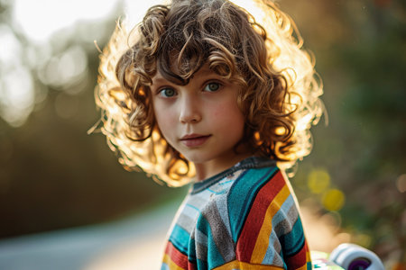 A cute girl with curly hair wearing a colorful t-shirt. Joyful child portrait on blurred city background. Generative AIの素材