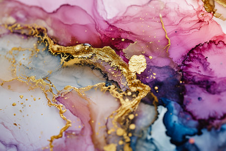 Gold, pink and blue alcohol ink and watercolor abstract painting background. Splashes with golden veining fluid art. Generative AI.の素材