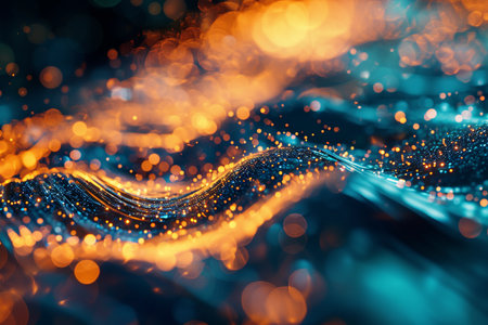 Blue and orange abstract waves with lights flowing across it, glittery and shiny, sinuous lines, light blue and gold. Blurred background. Generative AI.の素材