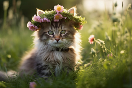 A cute gray kitten sits in the green grass in a meadow. The cat is wearing a wreath of daisies and wildflowers. Generative AI.の素材