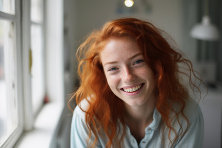 Portrait of a beautiful young woman with ginger curly hair. She is smiling and happy on the blurred cozy interior background. Generative AIの素材