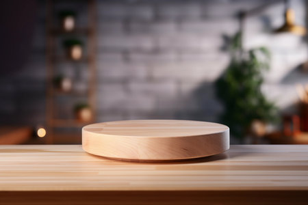 Kitchen table podium on blurred gray bricks background. Wooden round desk in the modern kitchen interior. Empty product display. Generative AIの素材