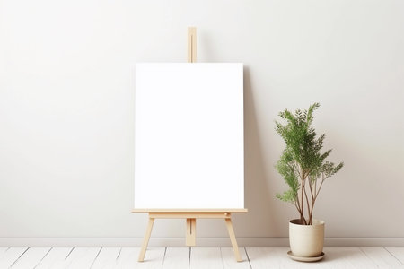 An easel with a blank white canvas stands in an empty minimalist room. Boho interior. Background for mockups. Generative AIの素材