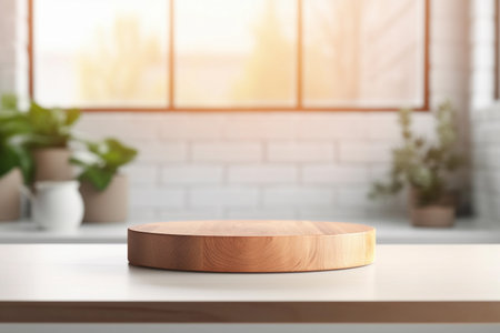 Kitchen table podium on blurred background with window. Wooden round desk in the cottage core modern kitchen interior. Empty product display. Generative AIの素材