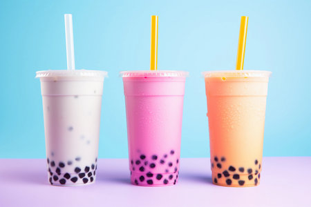 Bubble tea in transparent plastic cups and straws standing in line on purple and blue pastel background. Generative AIの素材