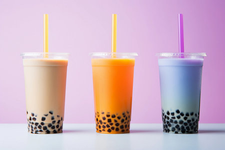 Bubble tea in transparent plastic cups and straws standing in line on purple and blue pastel background. Generative AIの素材