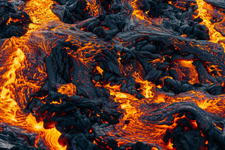 Abstract background of extinct lava of a volcano with red gaps. Flowing magma close-up. Generative AIの素材