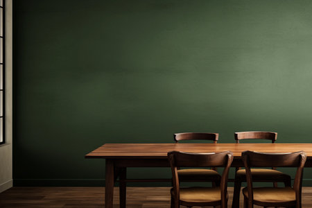 Textured forest green color wall with copy space. Monochrome minimalist empty table with chairs. Wall scene mockup. Promotion kitchen background. Generative AIの素材