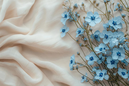 Delicate pleats of light beige fabric with blue forget-me-nots flowers. Beautiful delicate background with copy space. Generative AIの素材