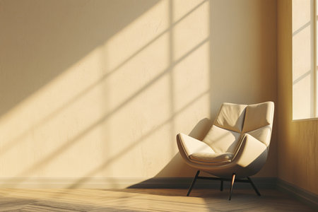 Minimalist living room with empty warm beige wall for mock up. Comfortable armchair in the corner. Monochrome interior with shadows and natural daylight from window. Generative AIの素材