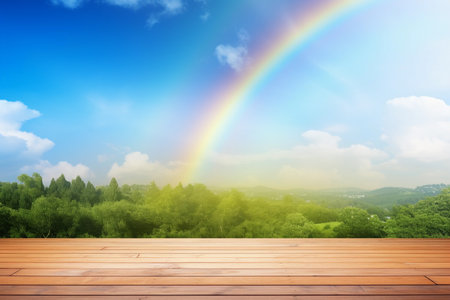 Empty wooden deck table on the green forest and blue sky with rainbow background. Backdrop for mockup and promotion design. Generative AIの素材