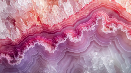 Close-up of a slice of vibrant pink agate gemstone, displaying its layers and textures. White and pink marble background. Generative AIの素材