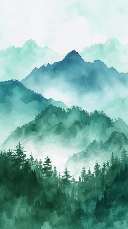 Vertical watercolor landscape of a green mountain range with trees. Generative AIの素材