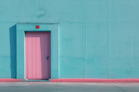 A vibrant pink door stands out against a blue wall on a lively street. Minimalist retro cityscape. Generative AIの素材