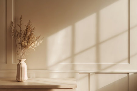 A vase filled with boho dry floral on a table. Empty beige wall for mockup. Generative AIの素材