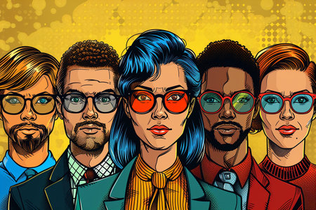 A diverse group of individuals wearing glasses standing together against a bright yellow background. Diversity concept. Generative AIの素材