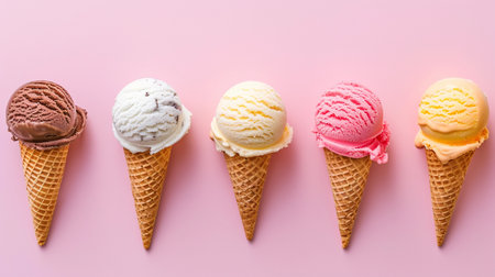 Five ice cream cones lined up in a row, showing different flavors and toppings, against a plain background. Generative AIの素材