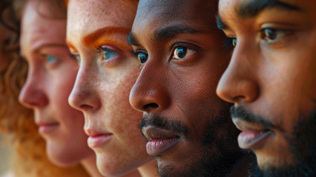 Diverse group of people, close-up portrait. People stand in profile. Diversity concept. Generative AIの素材