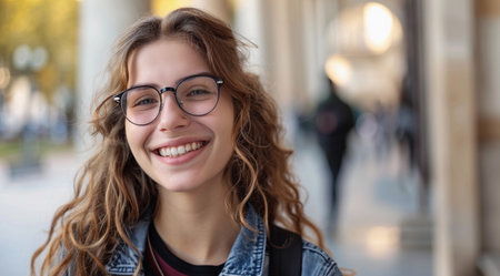 A woman with glasses is smiling, exuding happiness and confidence in her expression. Blurred city background, Generative AIの素材