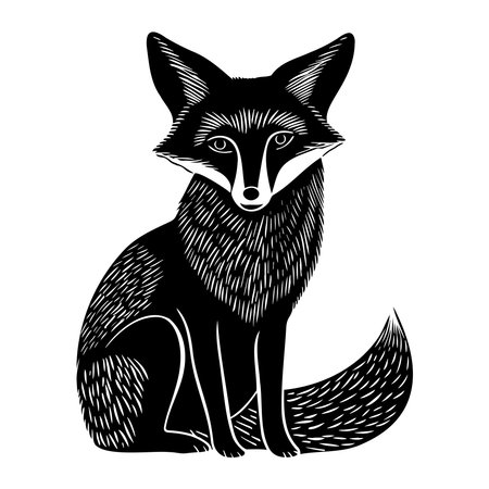 Cute fox black silhouette linocut illustration. Black outline art. Woodland animal.のイラスト素材