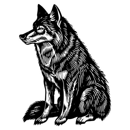 Wolf black silhouette linocut illustration. Black outline art. Woodland animal.のイラスト素材