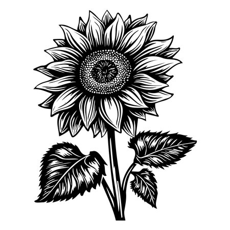Sunflower black silhouette linocut illustration. Black outline botanical art.のイラスト素材