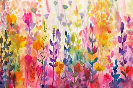 Vibrant flowers painting. Watercolor spring and summer colorful floral background. Generative AIの素材