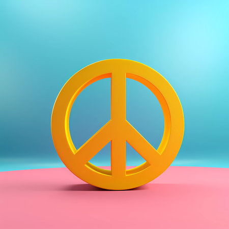 Yellow 3D hippie peace sign close-up on blue pink background. Summer illustration. Concept of nostalgia. Generative AI.の素材