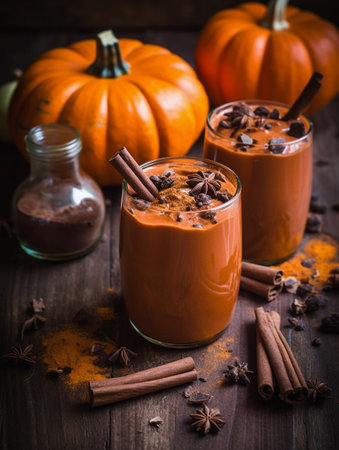 Two indulgent chocolate and pumpkin smoothies showcased amidst an enchanting setup of pumpkins, evoking a captivating fall mood. Perfect for promoting seasonal beverage specials and capturing the essence of autumn's indulgence in social media posts and marketing materials. Generative AIの素材