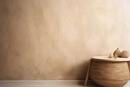 Textured neutral beige wall copy space. Monochrome empty room with boho minimalist vase on the table. Wall scene mockup product for showcase, Promotion background. Generative AI.の素材