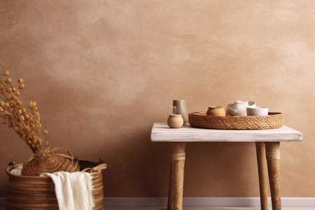 Textured neutral beige wall copy space. Monochrome room with minimalist chinamon table and boho decor. Wall scene mockup product for showcase, Promotion background. Generative AI image.の素材