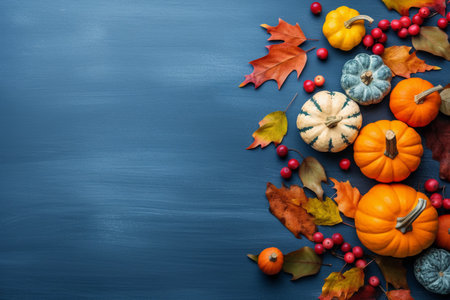 Experience the essence of fall with this picturesque composition showing a delightful assortment of orange mini pumpkins, rich red berries, and graceful wedge leaves on a serene blue wooden backdrop. With copyspace available, this image is perfect for autumn-themed publications, blog posts, and web design. Generative AIの素材