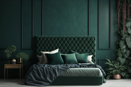 Modern bedroom with monochrome emerald green empty wall. Contemporary interior design with trendy wall color, bed, plants and pillows. Generative AI.の素材