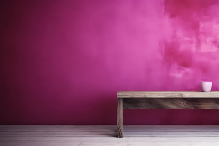 Textured pink magenta wall copy space. Monochrome empty room with minimalist table. Wall scene mockup product for showcase, Promotion background. Generative AI.の素材