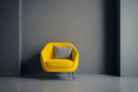 Modern living room with monochrome textured gray empty wall for mock up. Contemporary interior design with trendy wall color and bright yellow chair. Generative AI.の素材