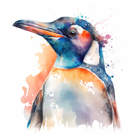 Watercolor penguin portrait, colorful painting. Realistic bird illustration. Created with Generative AI technology.の素材
