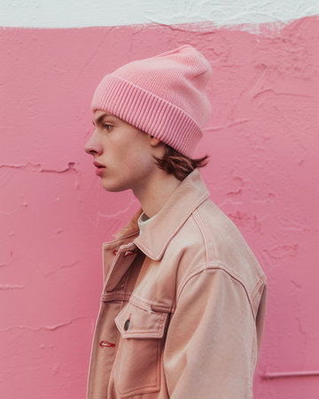 Man in pink hat standing in front of pink wall. Beanie mockup.の素材