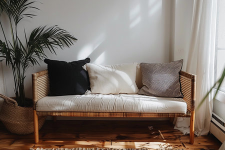 A living room featuring a comfortable couch and pillows, creating a cozy and inviting atmosphere. Modern interior.の素材