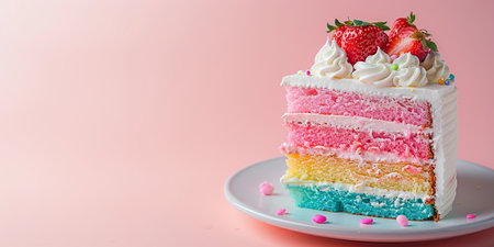 Pastel cake on a pink background with copy space. Delicious colorful slice of cake with white frosting and strawberries.の素材