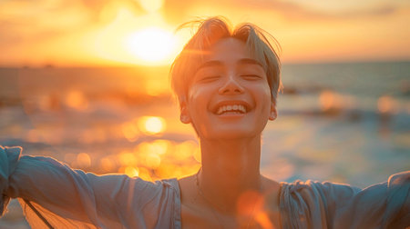 A woman stands with her arms outstretched towards the sun, engaging in a stretching pose under the bright sunlight.の素材