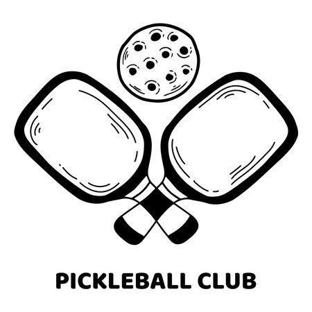 Pickleball paddles and balls logo, hand drawing black outline vector illustration.のイラスト素材