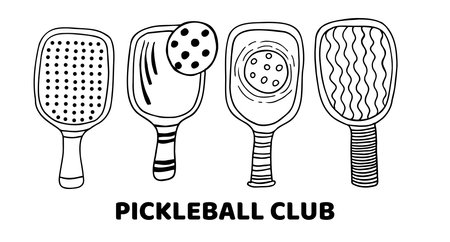 Pickleball paddles and balls set, hand drawing black outline vector illustration.のイラスト素材