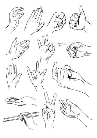 Vector set of hands and gestures - outline illustrationのイラスト素材