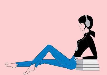 Girl listening  in headphones. Vector illustration.のイラスト素材