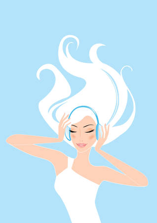 Girl listening music in headphones. Vector illustration.のイラスト素材
