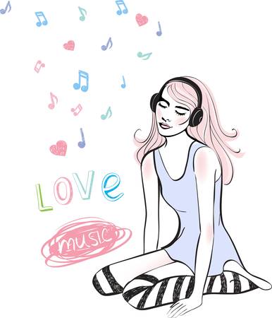 young girl listening musicのイラスト素材