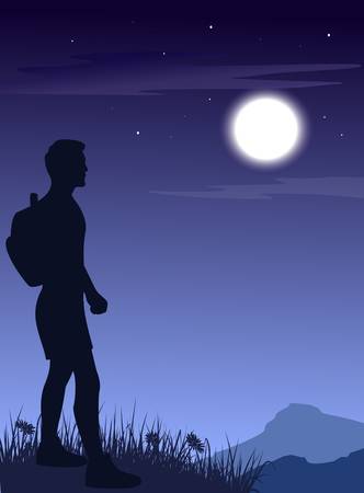 The man with backpack in mountains at night.のイラスト素材