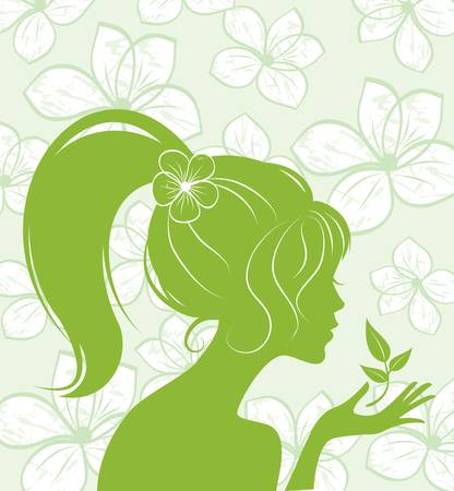 beauty girl silhouette on floral backgroundのイラスト素材